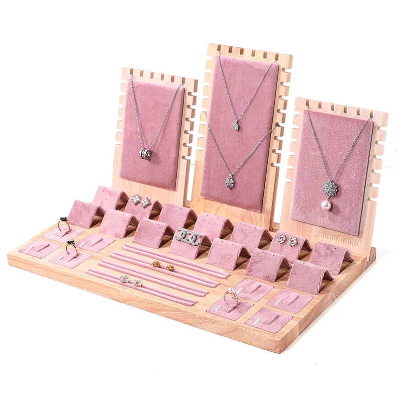Solid Wood Jewelry Display Tray Velvet/PU Leather Ring Earing Card Jewelry Counter Display Props Rack