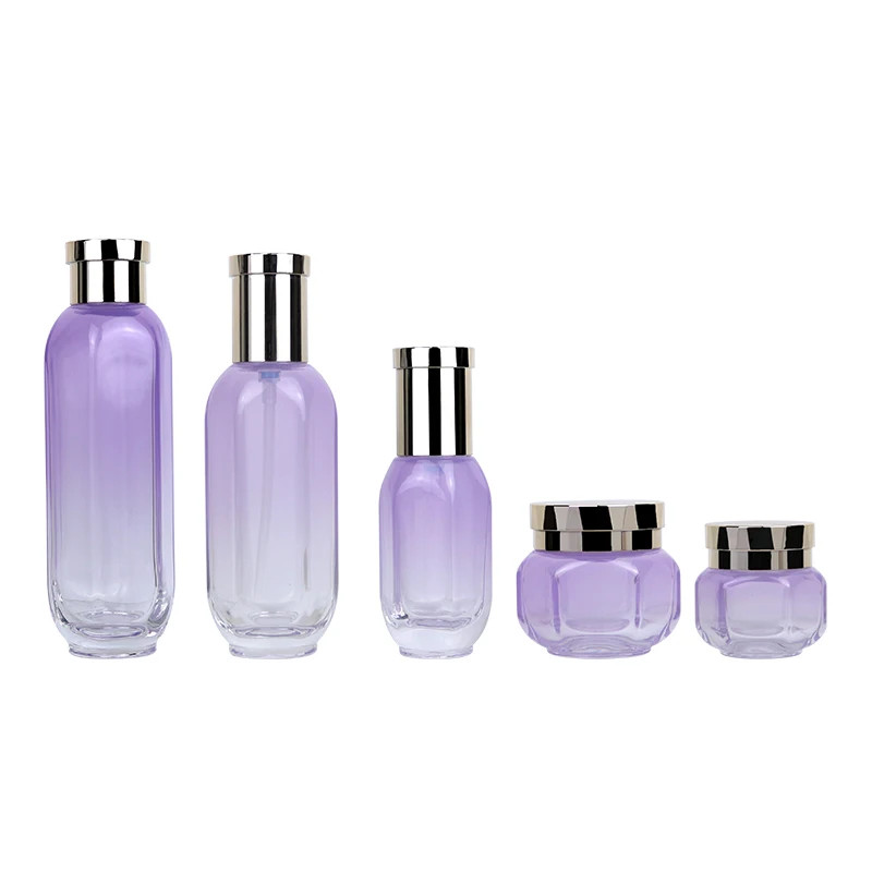 cosmetic packaging lotion glass pump bottle hexagon purple glass skincare container cream jar glass water bottle