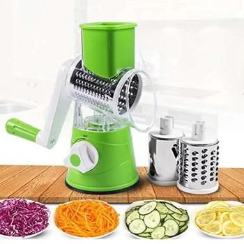 Hot Sale Household Kitchen Multifunction ABS Stainless Steel Vegetable Grater 3 in 1 Manual Drum Vegetable Cutter