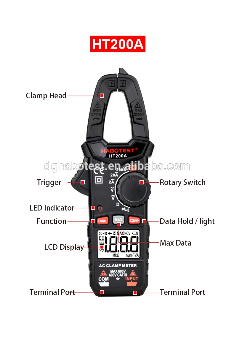 Auto range Clamp Electric Meter DC Pliers ammeter AC DC Voltmeter Resistance Tester Digital LCD 2000 Counts HABOTEST HT200A