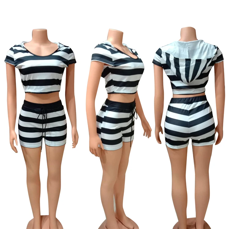 MOEN Striped kadin setleri Short Sets Summer Women Fashion Clothing Sleeveless Crop Top Two Piece Set