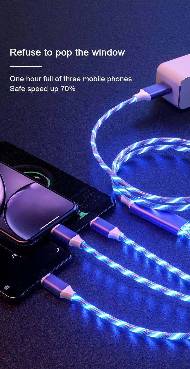 3 in 1 Flowing Colors LED Glow USB Charger Cable Micro USB Type C Charging Cord lighting For iPhone Xiaomi Android phone Charge