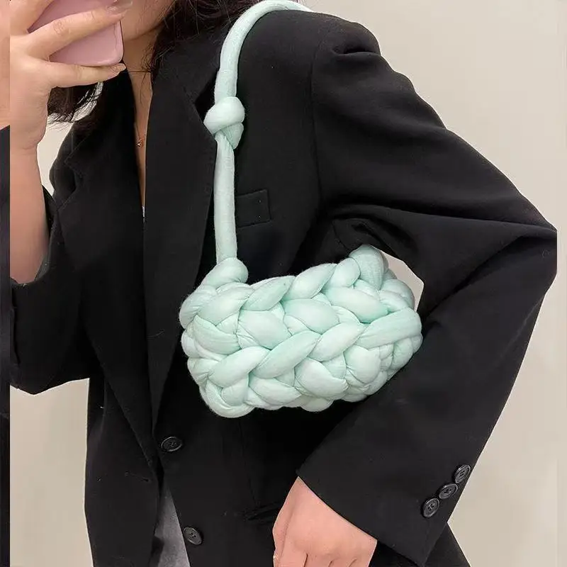 Korean INS Style Handmade Winter Solid Color Knitted Purse Yarn Material Soft Woven Crochet Shoulder Bag