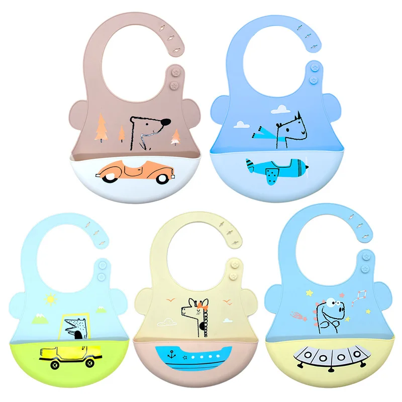Patterned Lightweight Roll Waterproof Silicone Baby Bib Set Button/Snap Eco-Friendly Anti-Bacterial Plain Design for Infants