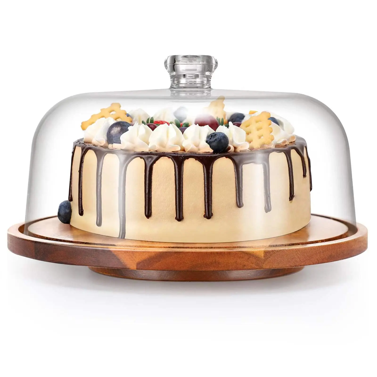 Custom Rotating Cake Stand with Clear Acrylic Dome Lid Wood Cake Stand with Turntable Base Cake Display Server Tray for Party