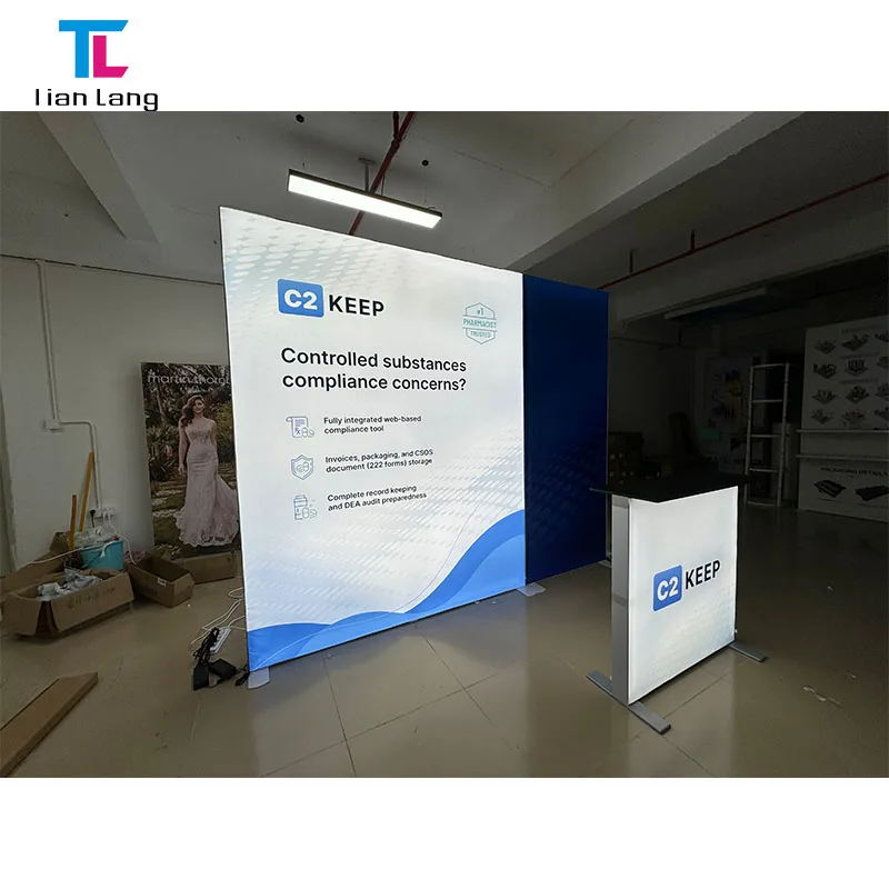 Hajutav, katkestabumine, kasutatav 10x10 kohandatav reklaamlakanaga alumiiniumitausta eksposiitsioonipeegeldus, taustvalgustatud SEG puhkuv valguskaader