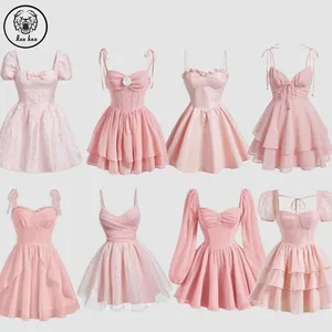 Wholesale Manufacturer Summer Breathable Pink Mesh Cross Back Casual Clothes Sexy Women Party Dresses