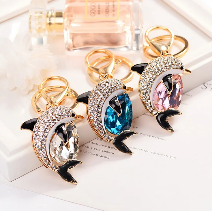 Модный металлический брелок в виде дельфина, Хрустальный брелок для ключей, аксессуары для рекламного подарка