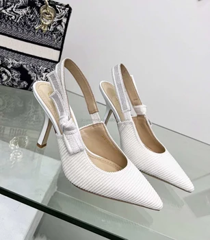 Calfskin Top Quality Leather Heels CD Embroidered Knitted Luxury Design Sandals Sling Back Strap Women Girls Pumps Sandals