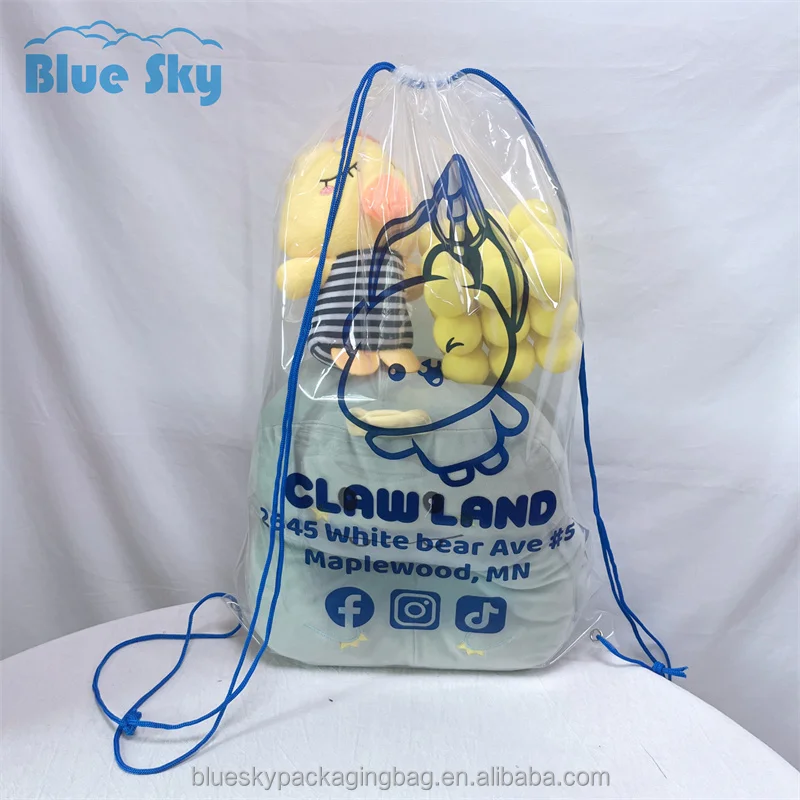 Number One Sales Made in China Large Capacity Drawstring Storage Bag Bear Plush Toy Doll Transparent Plastic Pvc Dust Backpack