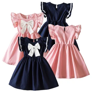 Summer New Cute Bow A-line Regular Sleeves Printed Solid Lace Eco-friendly ODM Knee-Length Dresses for Girls
