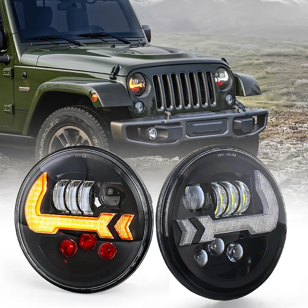 Ovovs Wholesales Amber Turn Signal White Drl With Red Background 7 Inch Led  Headlight For Jeep Wrangler Jk Tj Lj Hummer H1 H2 - Buy Led Headlight,7  Inch Led Headlight,Led Headlight 7