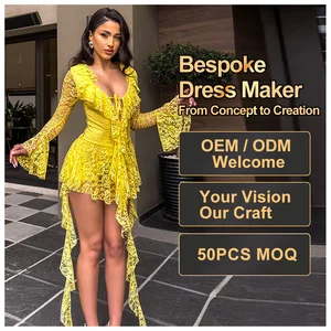 Custom Summer Y2K Casual Mini Sexy Lace Ribbon Dress for Women Flare Sleeve Empire Hollow Out Mesh Long Sleeved Women's Dress