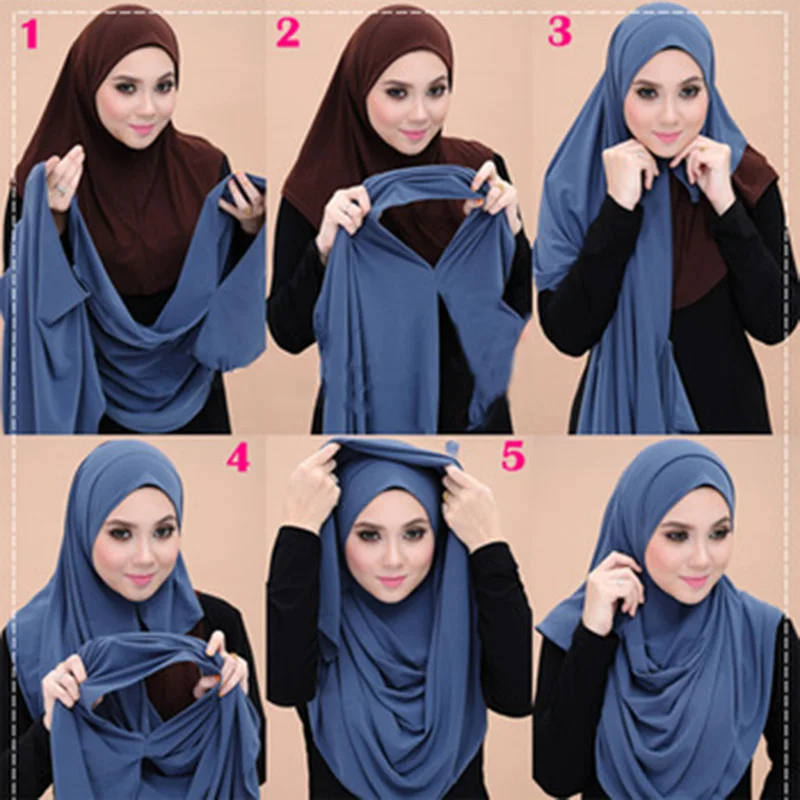 Arabic Soild Color Elasticity Shawl Muslim Women Double Loop Jersey Instant Hijab Scarf