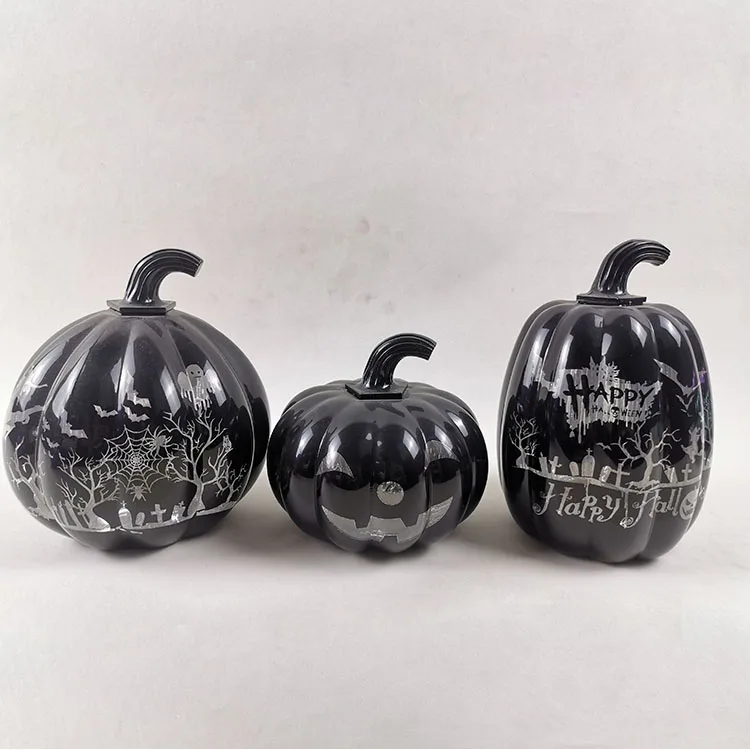 Battery operated laser engraved black happy halloween decorations artificial glass pumpkins to decorate with led lights inside