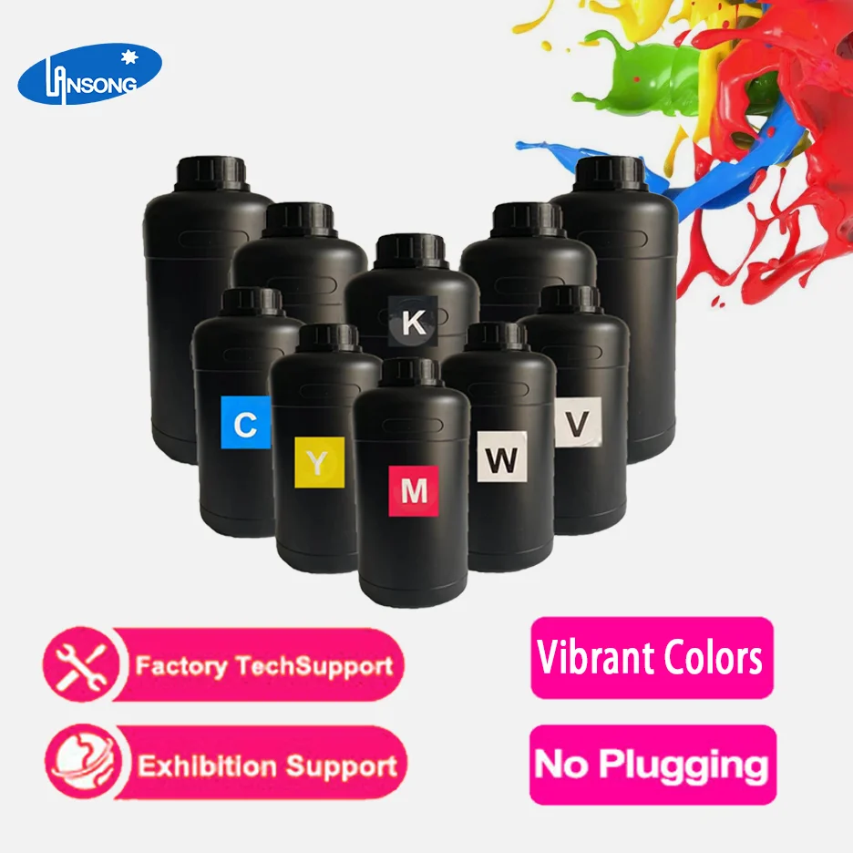 Xot sotuv 1000 ml CMYKW Vernish 6 rangli UV inki uzatish etiketkasi XP600 I3200 TX800 print-govdasi raqamli UV bosma mashinasi uchun