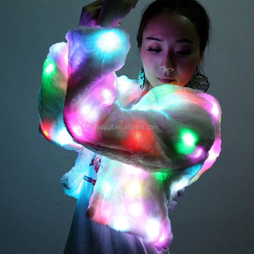 Colorful Glowing LED Faux Fur Coat Light up Jacket Hoodie Luminous Coat for  Halloween Christmas Party Performance Wear Costume