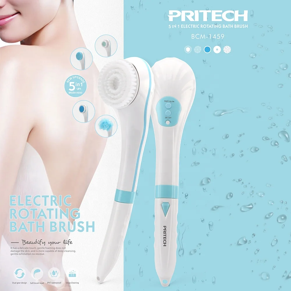 PRITECH USB Rechargeable IPX7 Waterproof Electric Rotating Bath Brush 5 in 1 Multifunction Body Care with Long Handle Plastic