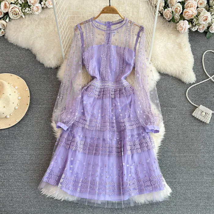 YM772 Wholesale 2023 Summer Chic Lavender Color O Neck Mesh Lace Embroidery  Dress Women Plus Size Dresses Clothing Shop Our Wholesale Lavender Dresses for Women Plus Size