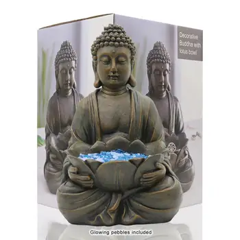 Buddha Statue Figurine Sitting Sculpture Decoration 12' Marble Finish with Lotus and Magical Glow in The Dark Pebbles