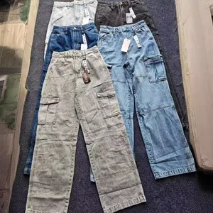 Wholesale Ladies Fashion Cargo Jeans Simple Style Mid Waist Denim Pants Multi-Pocket Front Logo Summer Casual Style Woven Weave