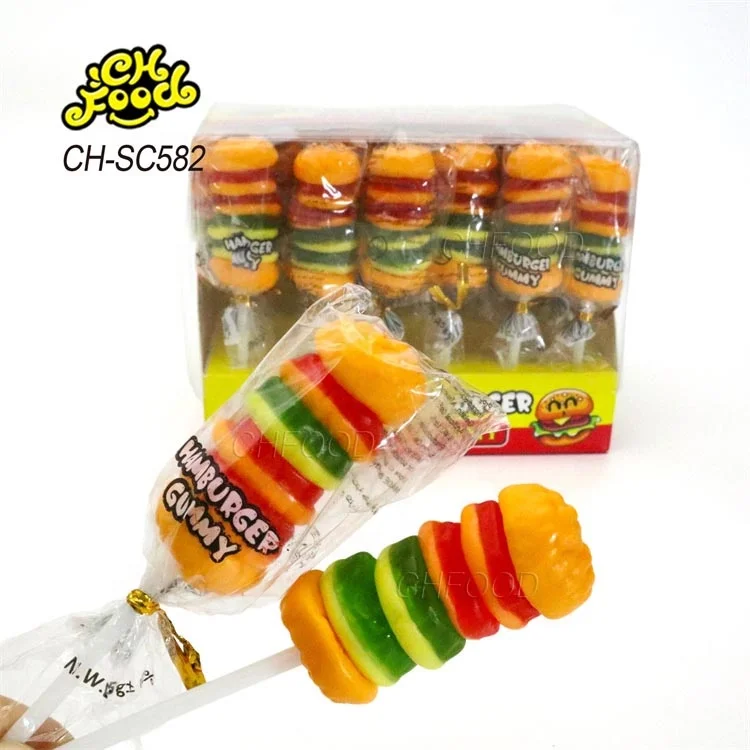 Hot Halal Hamburger Gummy Jelly Lollipop Candy Sweets Wholesale and Custom Children Food Snack