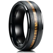 Fashion Jewelry custom 8mm Stepped Edge Irregularly Brushed Center Teak Wood Inlay black Tungsten ring For Men rings