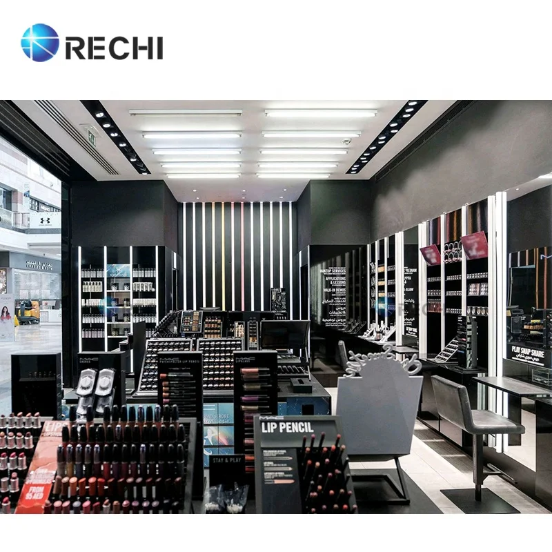 RECHI  Cosmetic Store Makeup Kiosk Design Wooden Perfume Display Counter Table Skincare Display Shelves for Beauty Store Design