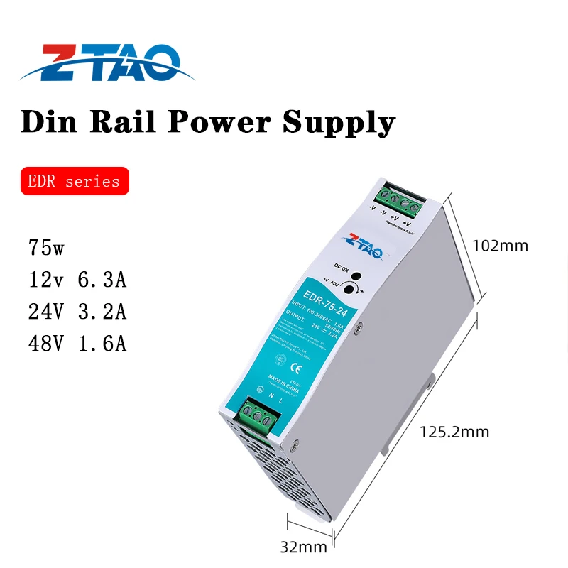 MEAN WELL EDR-75-12 DIN Rail Power Supply - 12V 6.3A 75.6W - Industrial Grade