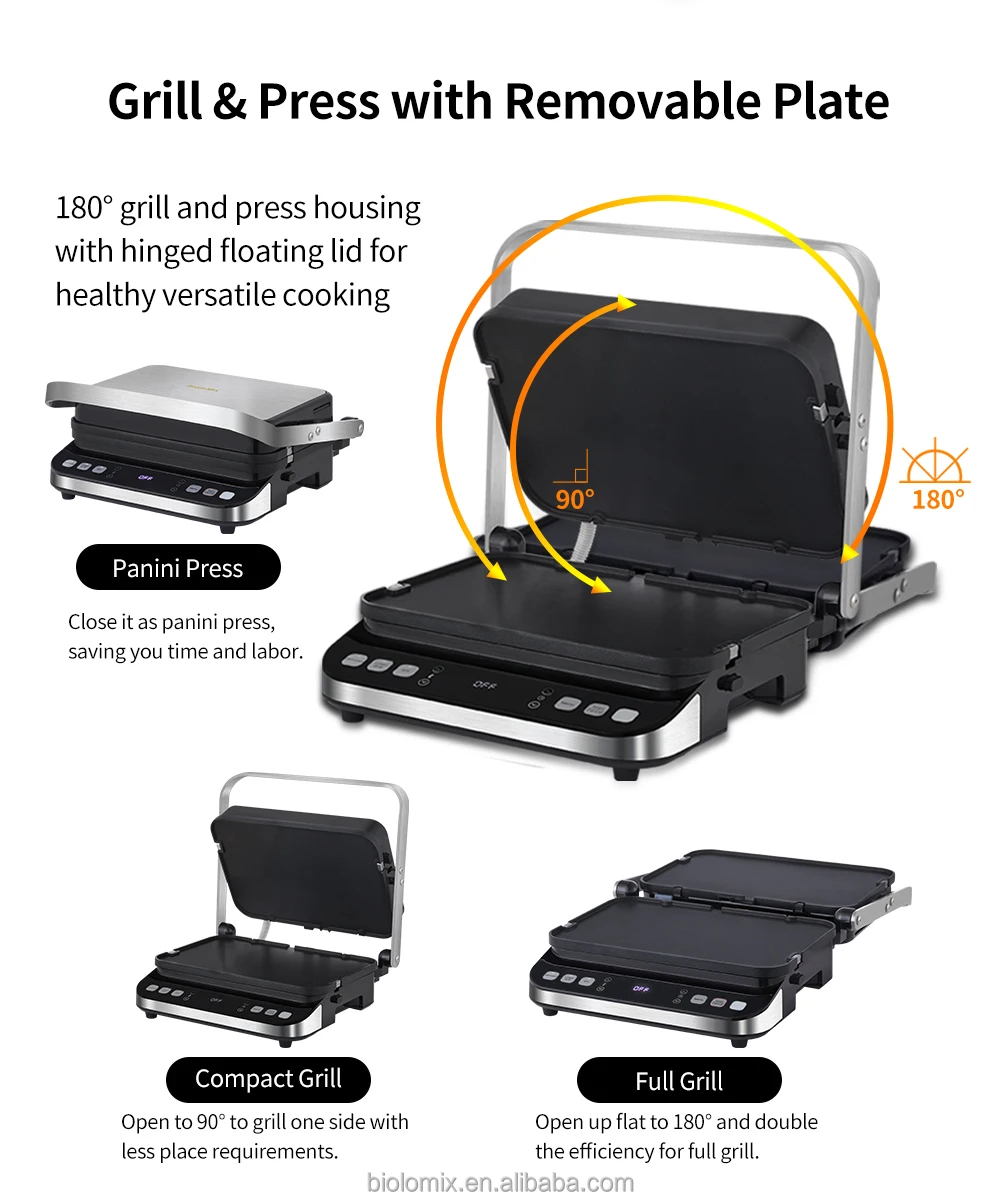 BioloMix 2000W Grill a contatto elettrico piastra digitale e pressa per  Panini, piastre per Waffle opzionali, apre Barbecue a 180 gradi