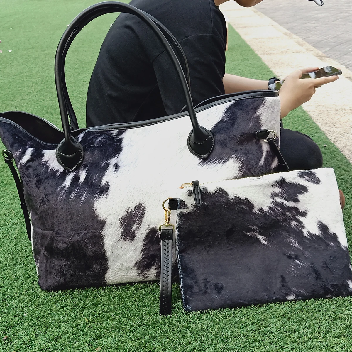 RTS Women Suede Cowhide Bag - Large Black and White Cow Print