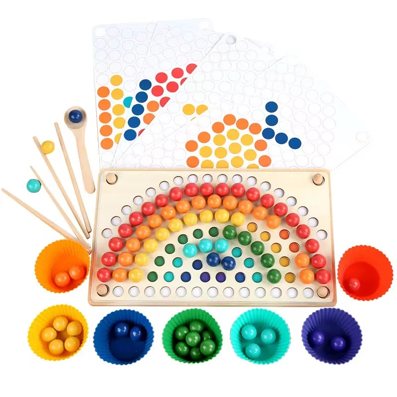 2023 Early Educational Hands Brain Training Rainbow Clip Beads Board Game Preschool Learning Toys Montessori Wooden Baby Toys