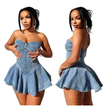 New denim bandeau dress MZ88576 spot sale hot sale bandeau stretch ruffle dress