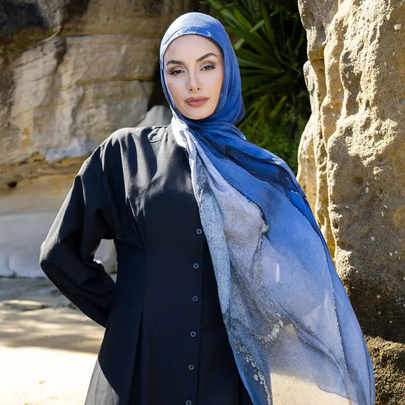 Hijab Beautiful Womens Scarves Elegant Blue Patterned Modal Cotton