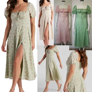 Custom Summer Clothes Short Puff Sleeves High Waist Seam Cinched Hem Breezy Women Casual Floral Print Dresses