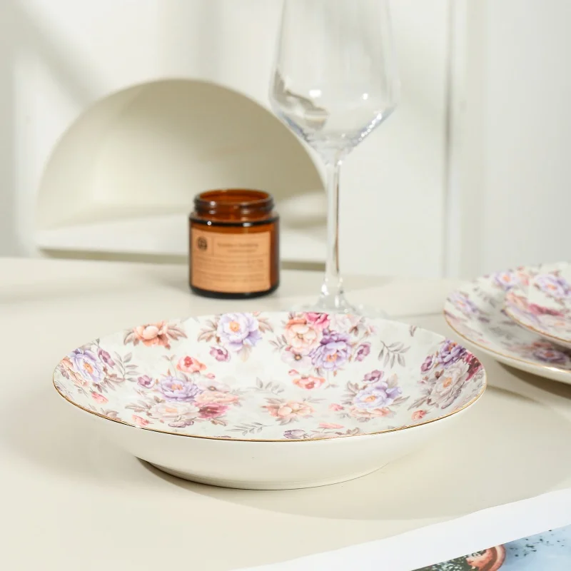 product wholesale floral ceramic bone china ceramic cake plate stand soup plate round plate tableware set-4