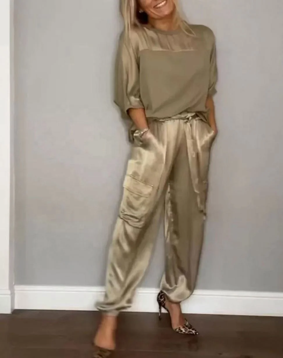 2026 New Smooth Satin Half Sleeve Top Suit Two Piece
