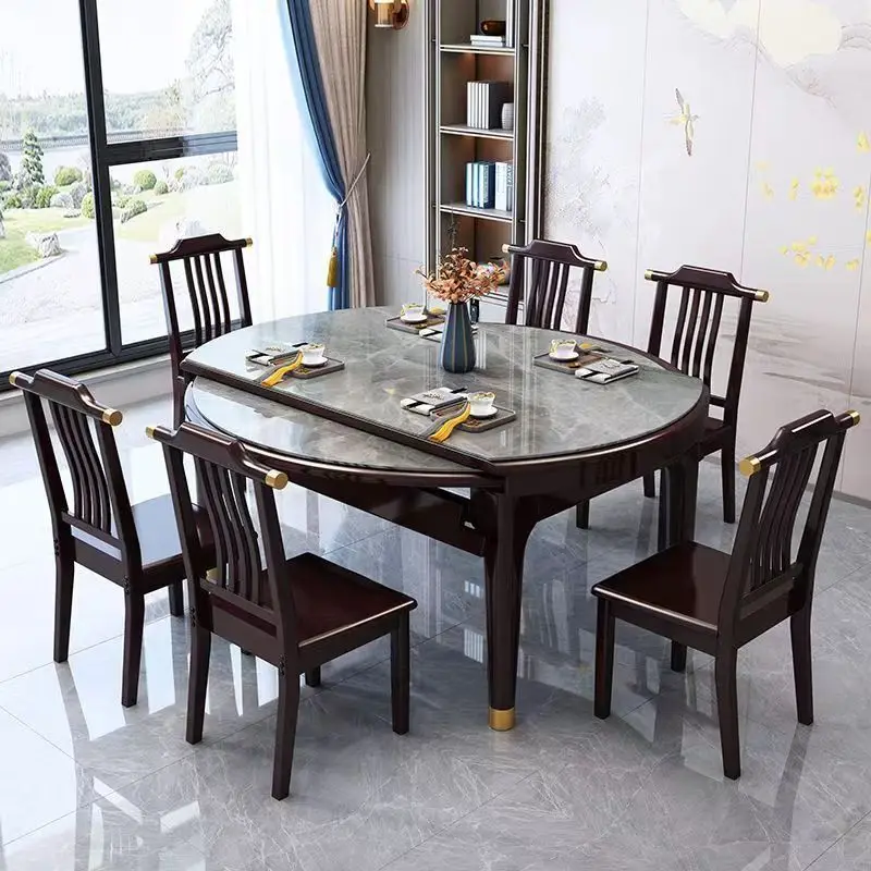 Modern Round Dining Table Solid Wood with Retractable Rock Plate ...