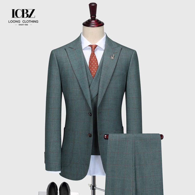 3 Pieces Suit Solid Color Single Plaid Breasted Slim Fit Men's Suits