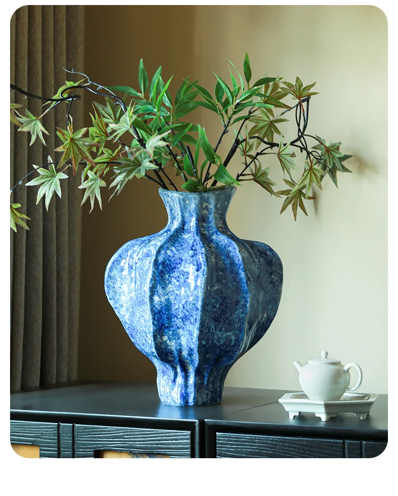 Blue Ceramic Vase with Fluted Texture Marbled Glaze Finish Modern Artistic Home Decor Living Room Flower Arrangement Centerpiece