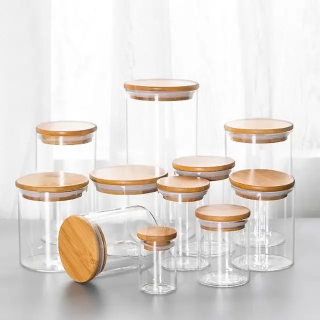Borosilicate Clear Glass Jars Capacity with Airtight Bamboo Lid Candy Spice Condiments Storage Versatile Food Container