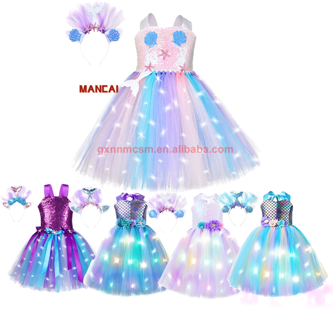 Little Mermaid Light up Tutu Dress Starfish Sequins Halloween Carnival  Outfit Headband Purple Shimmering Mermaid Prom Dress