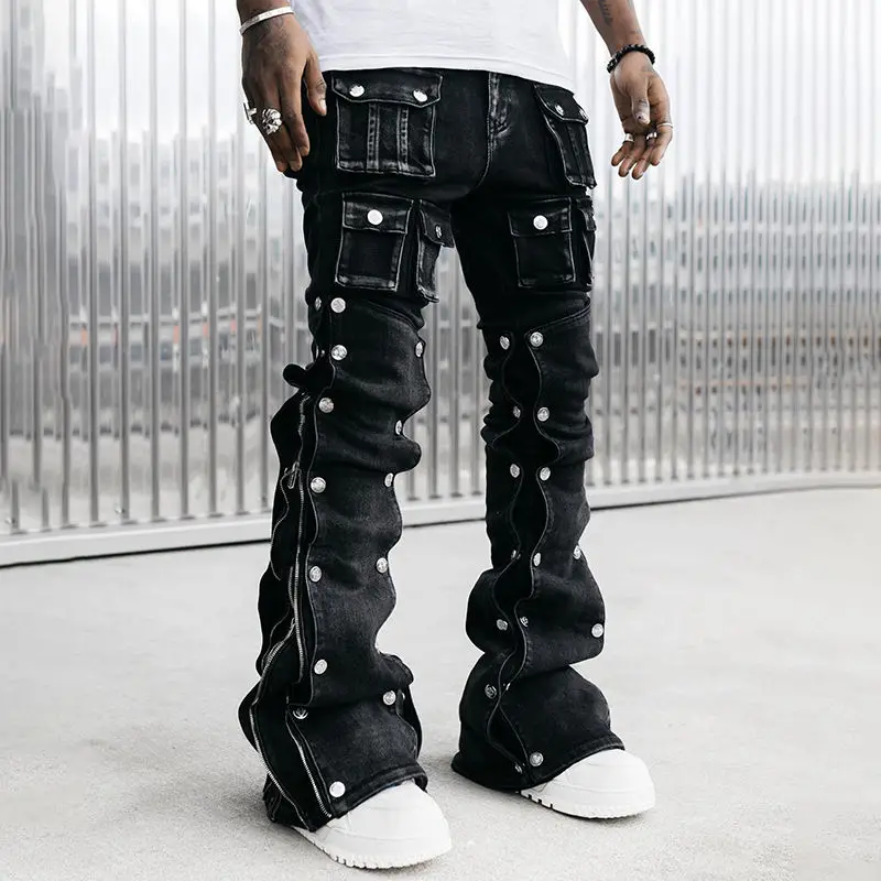 Salati Custom New Sun Faded Stone Acid Wash Boot Cut Carpenter Skinny Distressed Man Cargo Denim Pant Trousers Stacked Men Jeans gallery 8