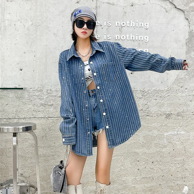 Wholesale 2023 Spring European Striped Crystal Hot Diamond Denim New Loose Casual Versatile Long Sleeve Women's Shirts