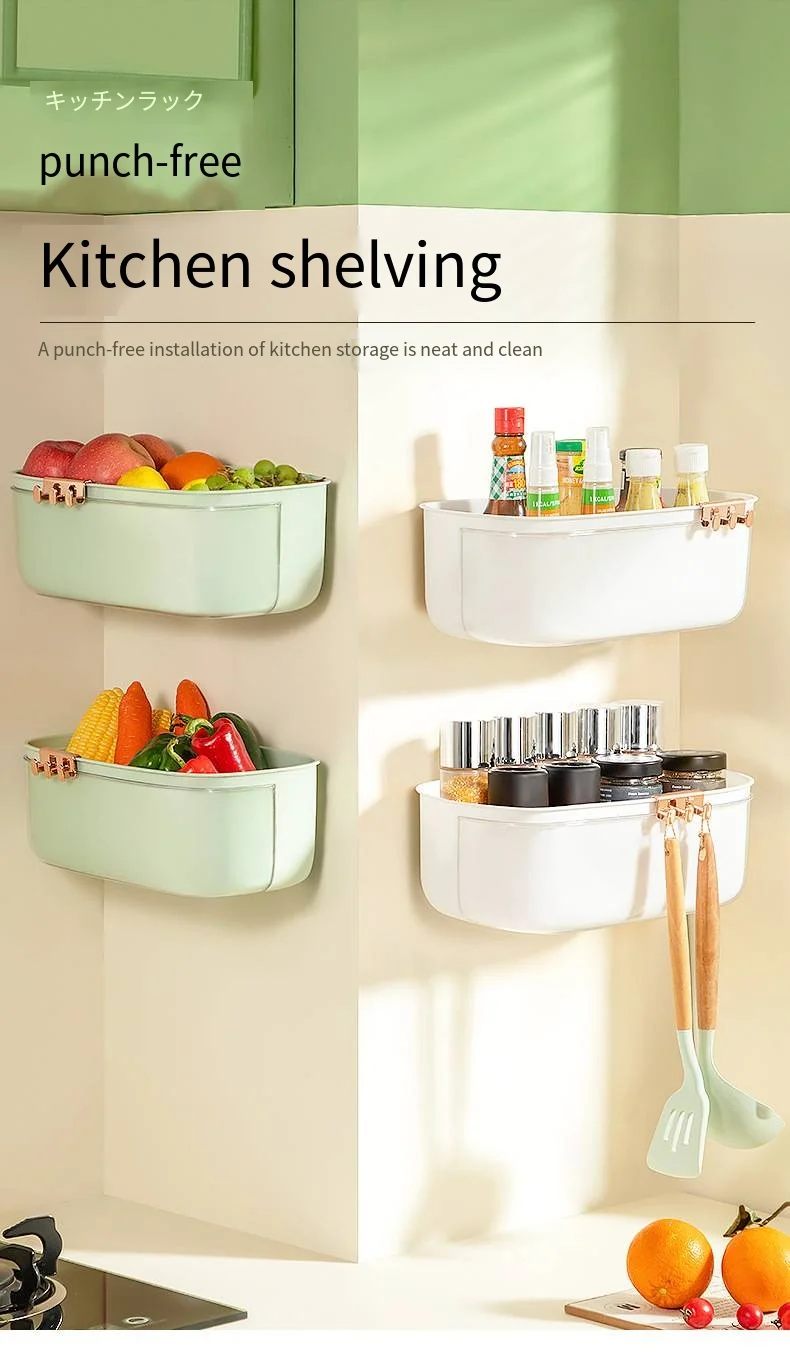 Wall hanging storage basket No punch double fruit and vegetable drain basket Plastic kitchen wall storage basket factory