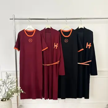 2025 Causal Style Autumn Long Cardigan Knitted with T Shirt Dresses with Belt Women's Two Pieces Set