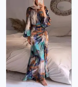 S9039 Fashion Ladies Casual Dress Trendy Tie Dyed Printing Pleated Waist Slim Long Sleeve Abaya Boho Long Maxi Dress for Women