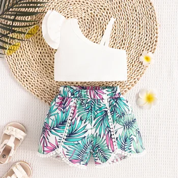 2024 Summer new girls' casual flying sleeve one-piece camisole printed shorts suit