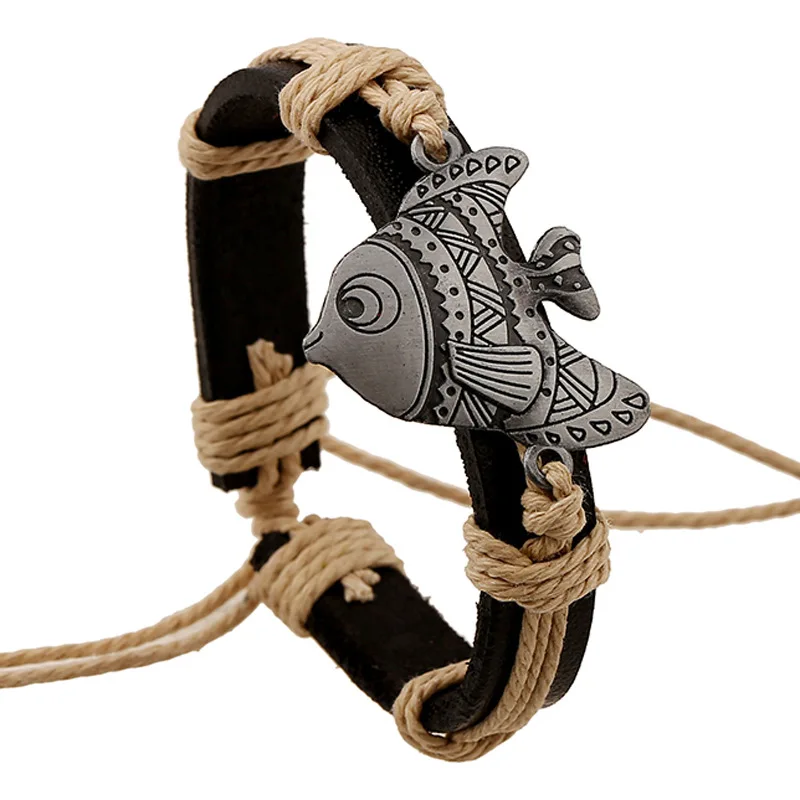 Jesus Fish Christian Symbol Bracelet Handmade Punk Woven Leather Bracelet Men's and Women's Cuff Jewelry