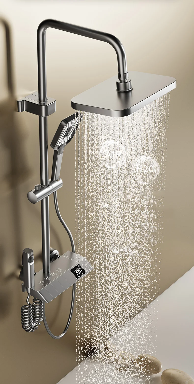 Top 1 Grey Piano Led Shower Set Digital Smart Brass Bathtub Rainfall
